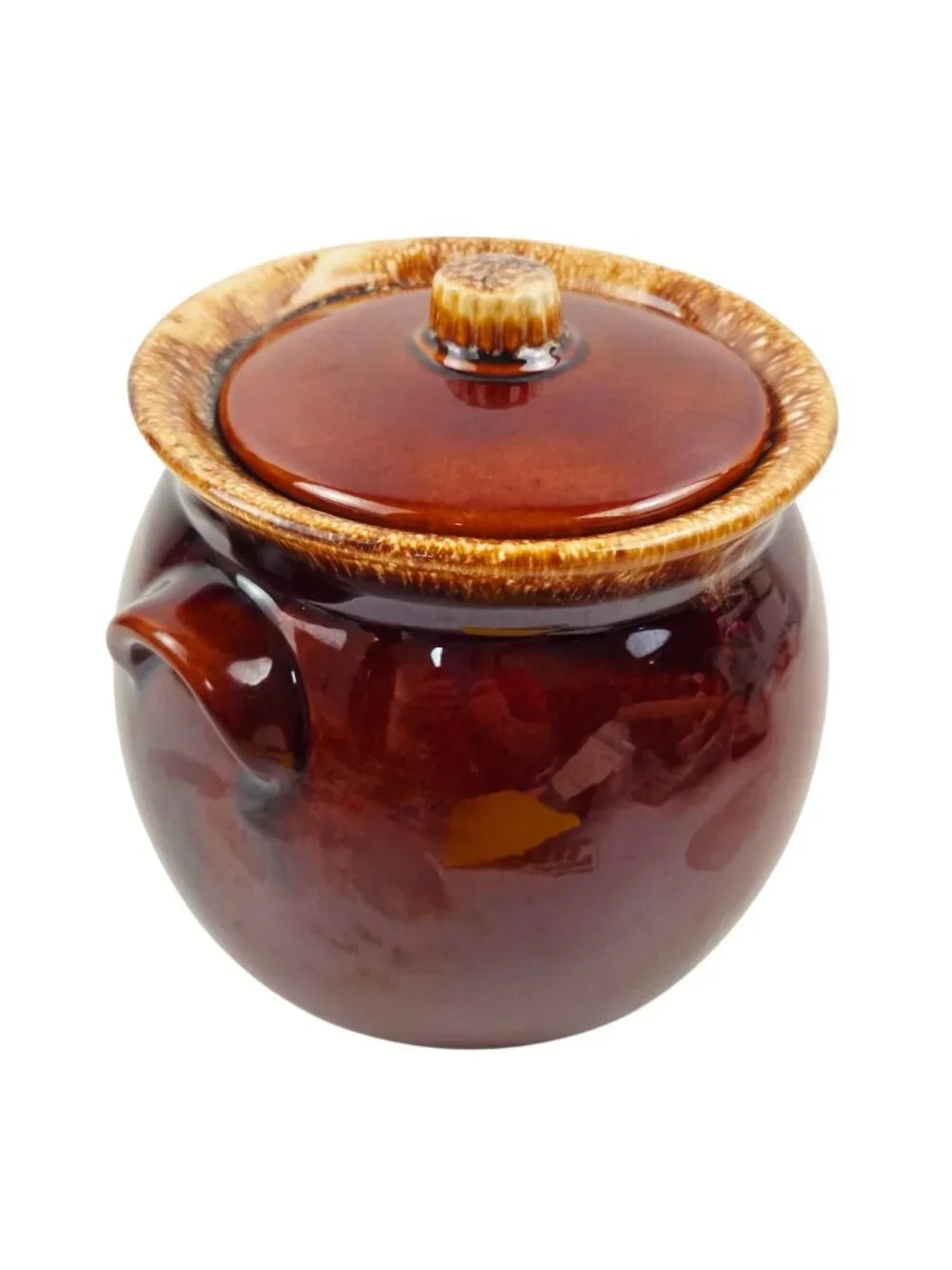 Hull Pottery Bean Pot Brown Drip Glaze Glossy Lid Cookie Jar Oven Proof USA